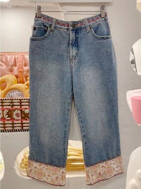 90s Y2K Vintage Sequinned Embellished Cropped Denim Capris Jeans Fabric Cuffs